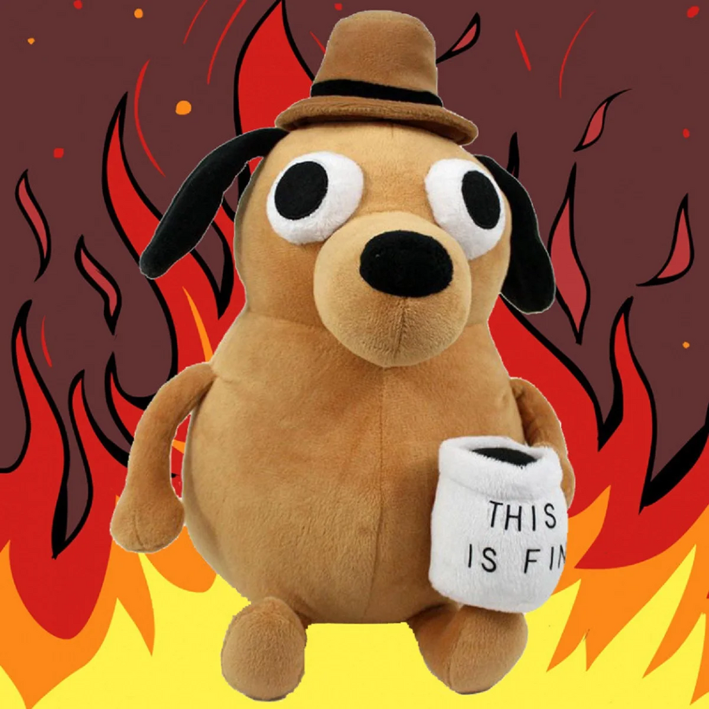 This Is Fine” Meme Dog Plush Toy – Soft Stuffed Figure